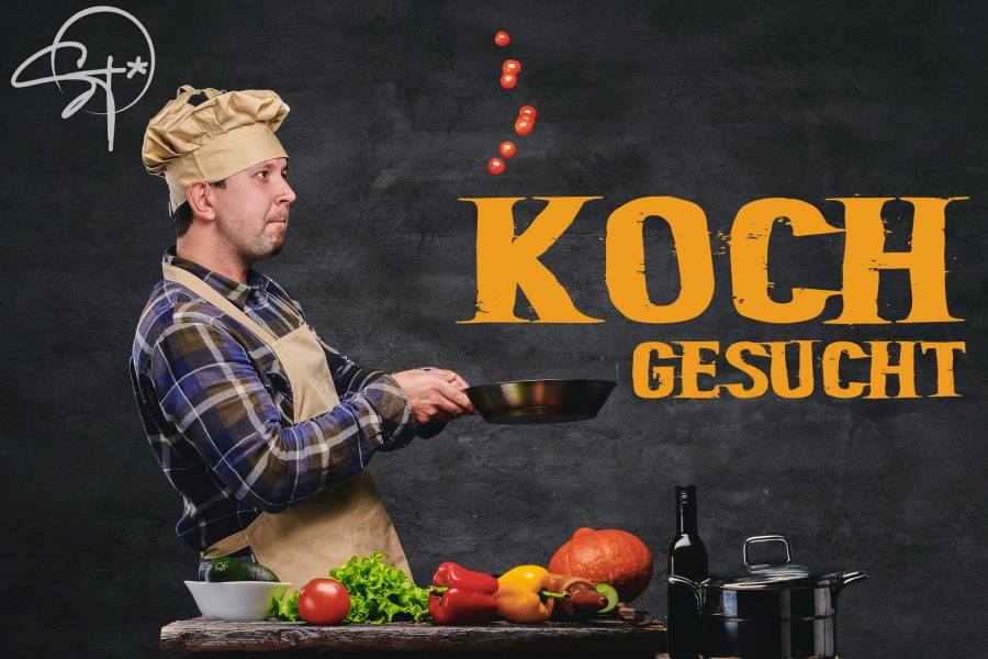 Studio image of male chef cook preparing meals on a pan.